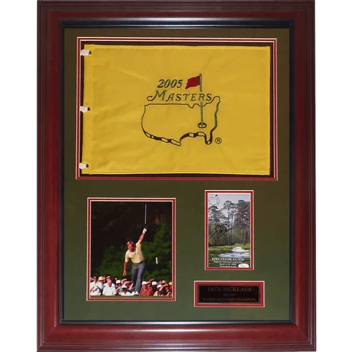 Jack Nicklaus autographed Masters Champion Deluxe framed flag with 2005 photos and plaque