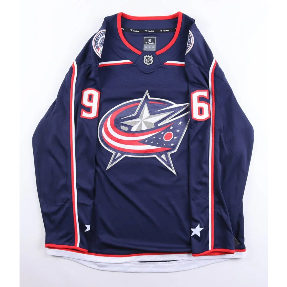 Blue Jackets Jack Roslovic signed long-sleeved hockey jersey with star and stripes