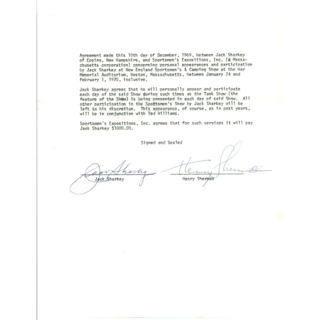 1970s black and white Jack Sharkey autographed appearance contract with signatures