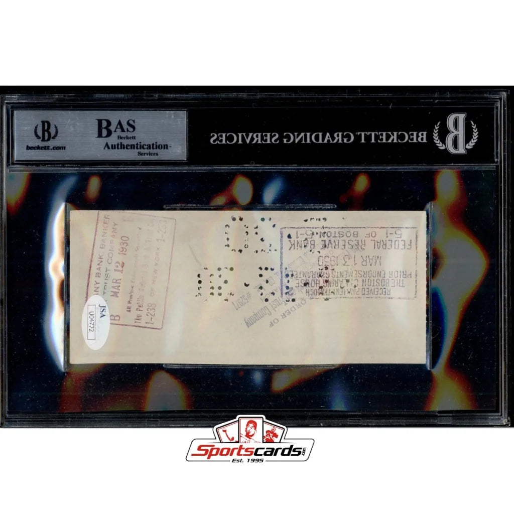 Jack Sharkey signed check with 1980s baseball ticket stub in protective sleeve