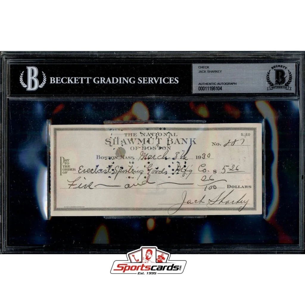 Framed 1930s Jack Sharkey signed check by Beckett Grading