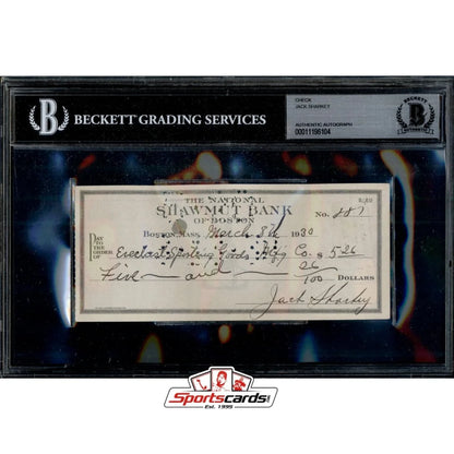 Framed 1930s Jack Sharkey signed check by Beckett Grading