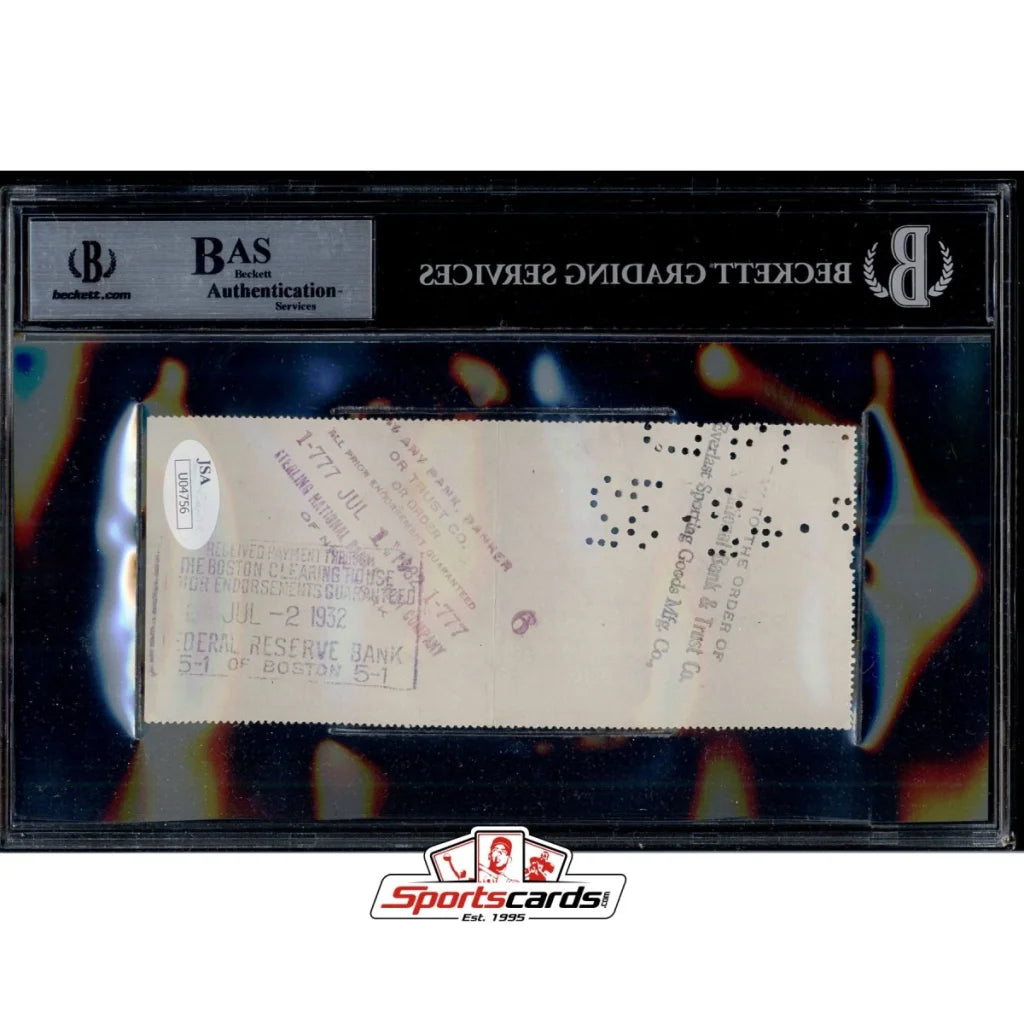 Jack Sharkey heavyweight champion signed check in protective sleeve