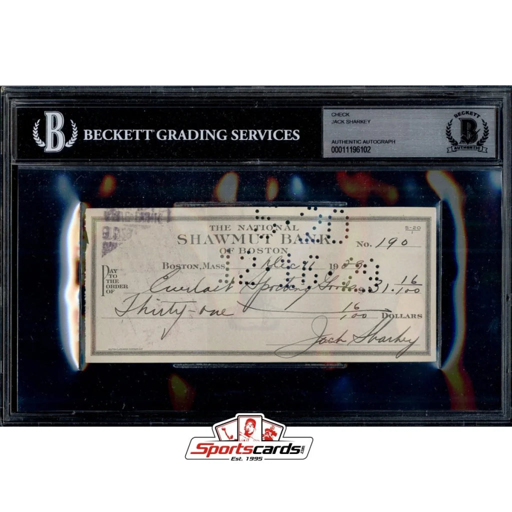 Jack Sharkey signed 1920s Shawmut Bank check in Beckett slab