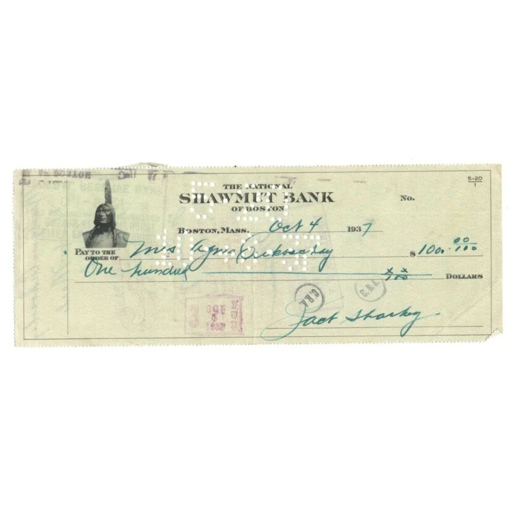 Jack Sharkey signed autographed check from Shawmut Bank with Native American profile