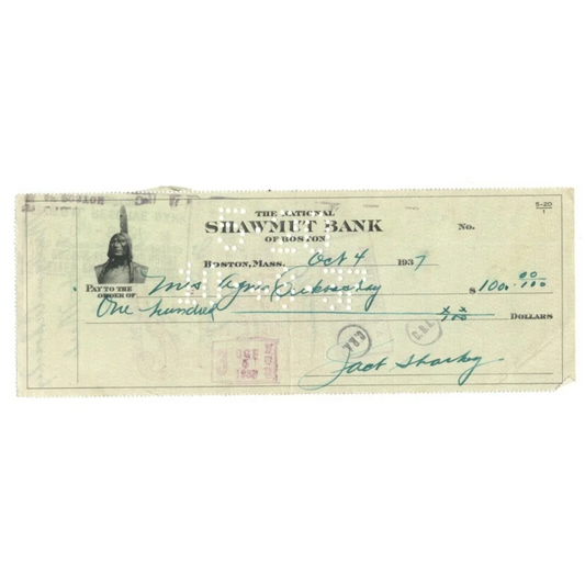 Jack Sharkey signed autographed check from Shawmut Bank with Native American profile