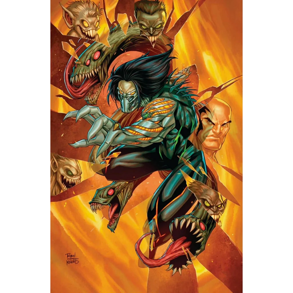 Jackie Estacado in greenish-blue armor unleashes power amid fiery chaos