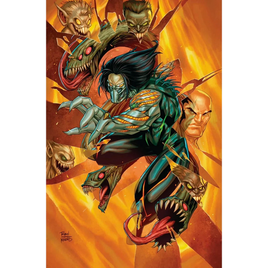 Jackie Estacado in greenish-blue armor unleashes power amid fiery chaos