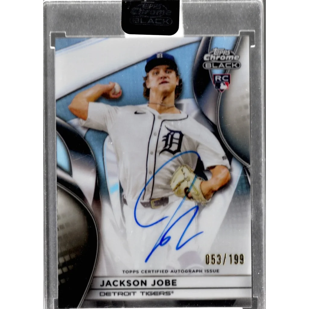 Autographed Jackson Jobe 2025 Topps Chrome Black baseball card displayed in product name