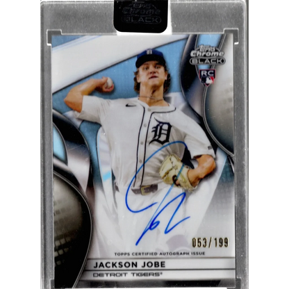Autographed Jackson Jobe 2025 Topps Chrome Black baseball card displayed in product name
