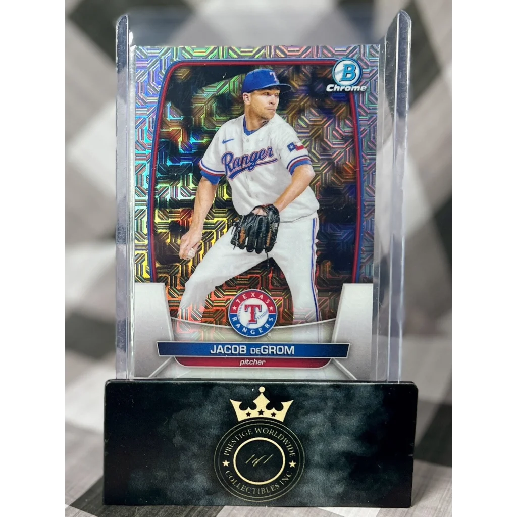 Jacob deGrom 2017 Bowman Chrome Rangers card in Prestige Worldwide acrylic case