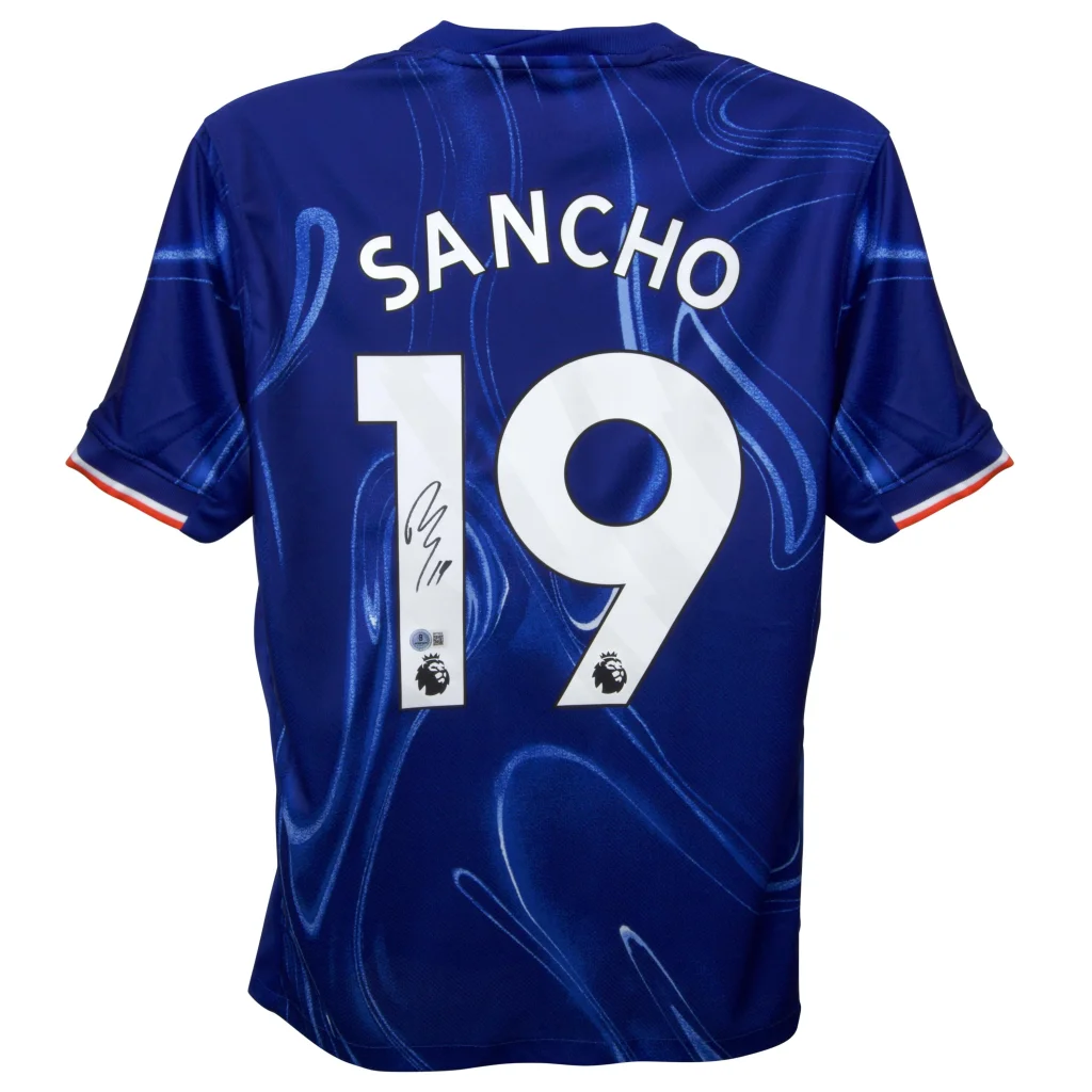 Blue Jadon Sancho signed Chelsea jersey with SANCHO and 19 on the back