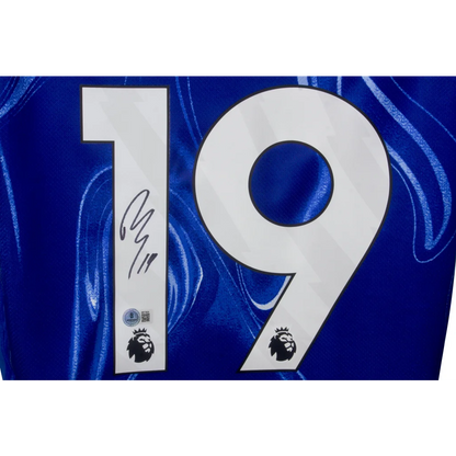 Jadon Sancho signed Chelsea jersey with number 19, Nike logo, and Premier League badges