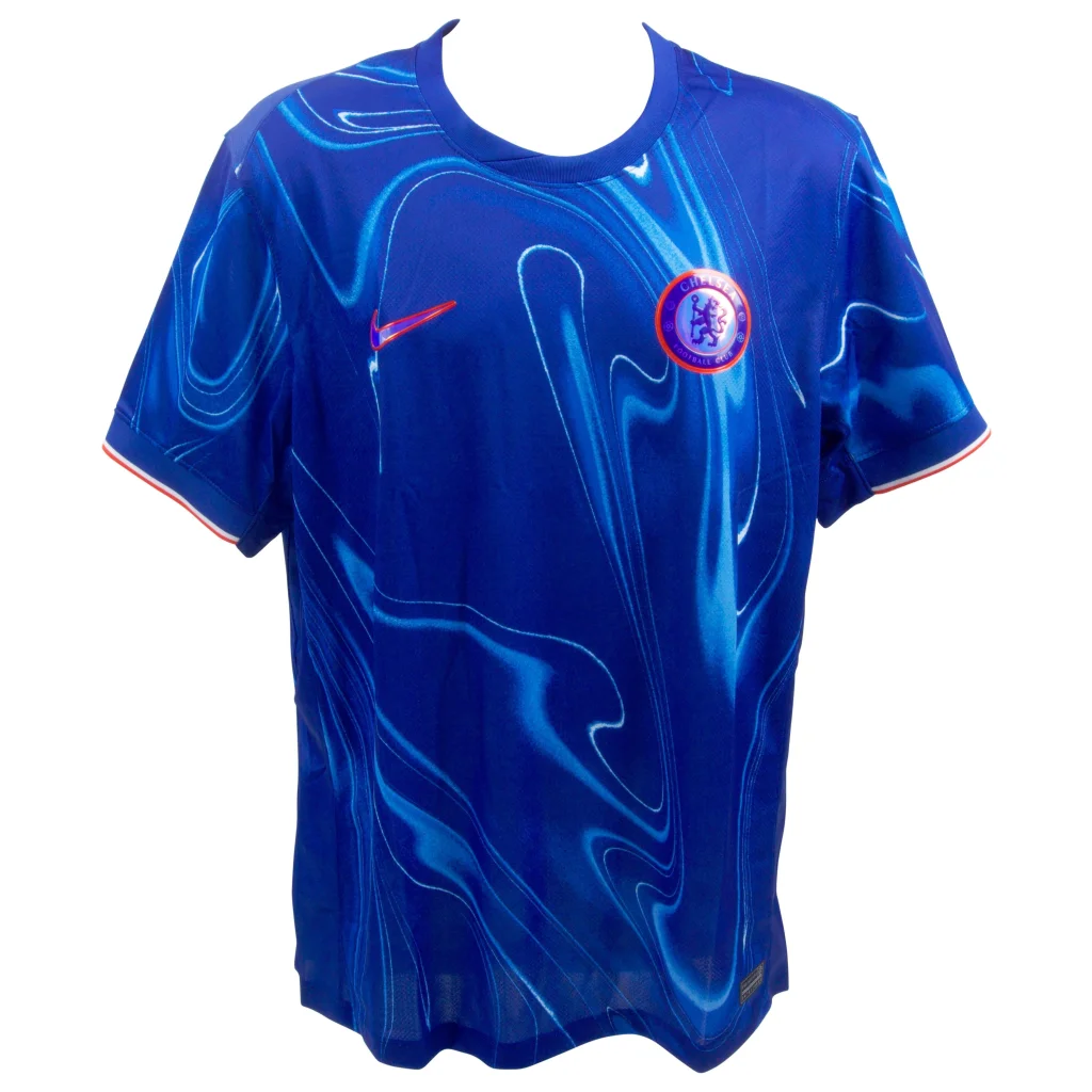 Blue Chelsea FC jersey with swirl pattern, Jadon Sancho signed collectible shirt