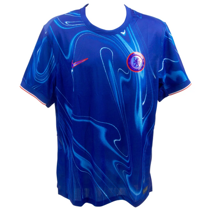 Blue Chelsea FC jersey with swirl pattern, Jadon Sancho signed collectible shirt