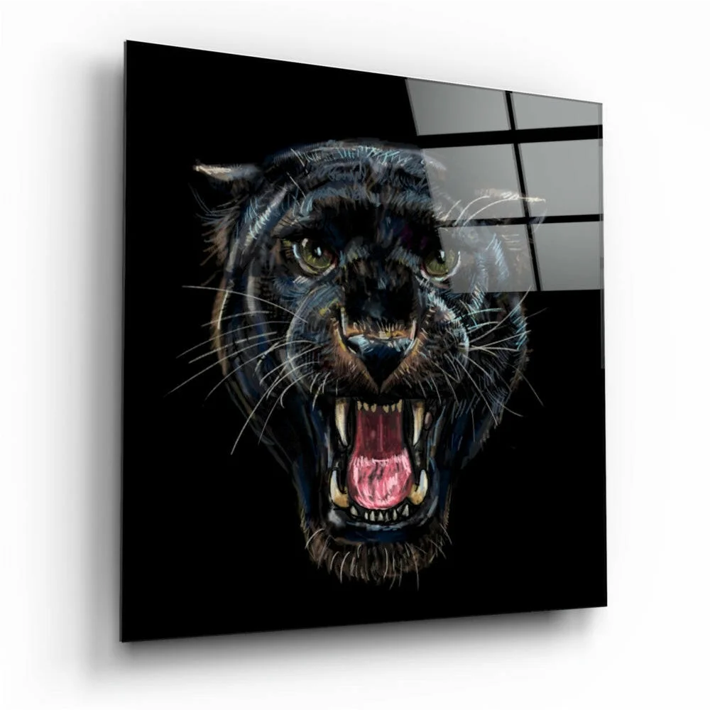 Fierce black panther glass wall art with glowing yellow eyes and fangs