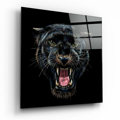 Fierce black panther glass wall art with glowing yellow eyes and fangs