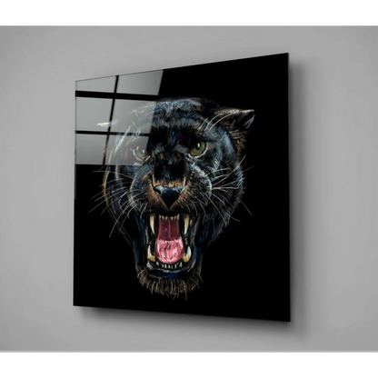 Fierce black panther glass wall art with glowing green eyes