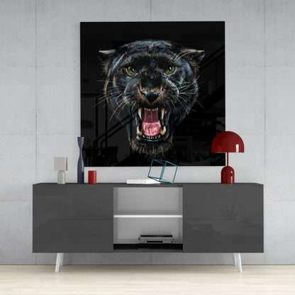 Fierce panther glass wall art with glowing green eyes roaring