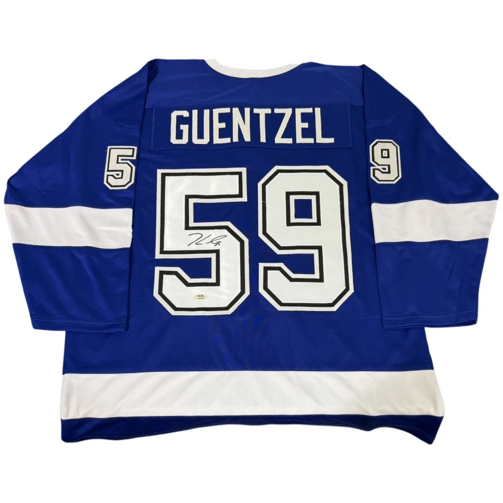 Tampa Bay Jake Guentzel hockey jersey number 59 with blue white stripes