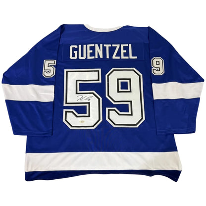 Tampa Bay Jake Guentzel hockey jersey number 59 with blue white stripes