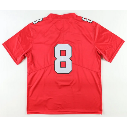 Red athletic jersey with number 8, Jaleel McLaughlin signed jersey, Youngstown State Penguins