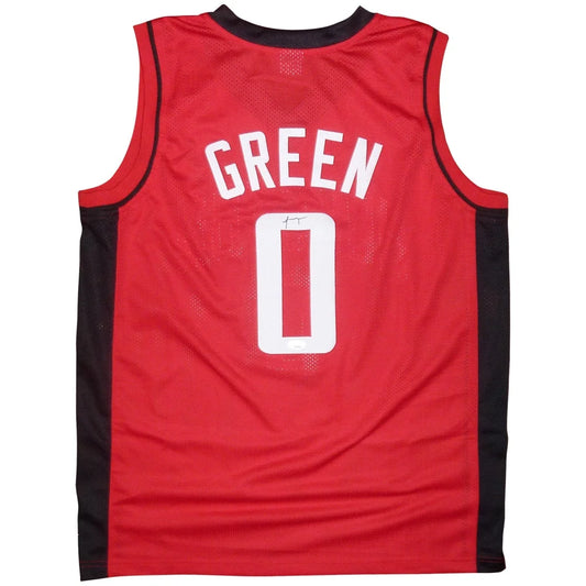 Red custom basketball jersey with black panels autographed by jalen green featuring white houston lettering and number 0