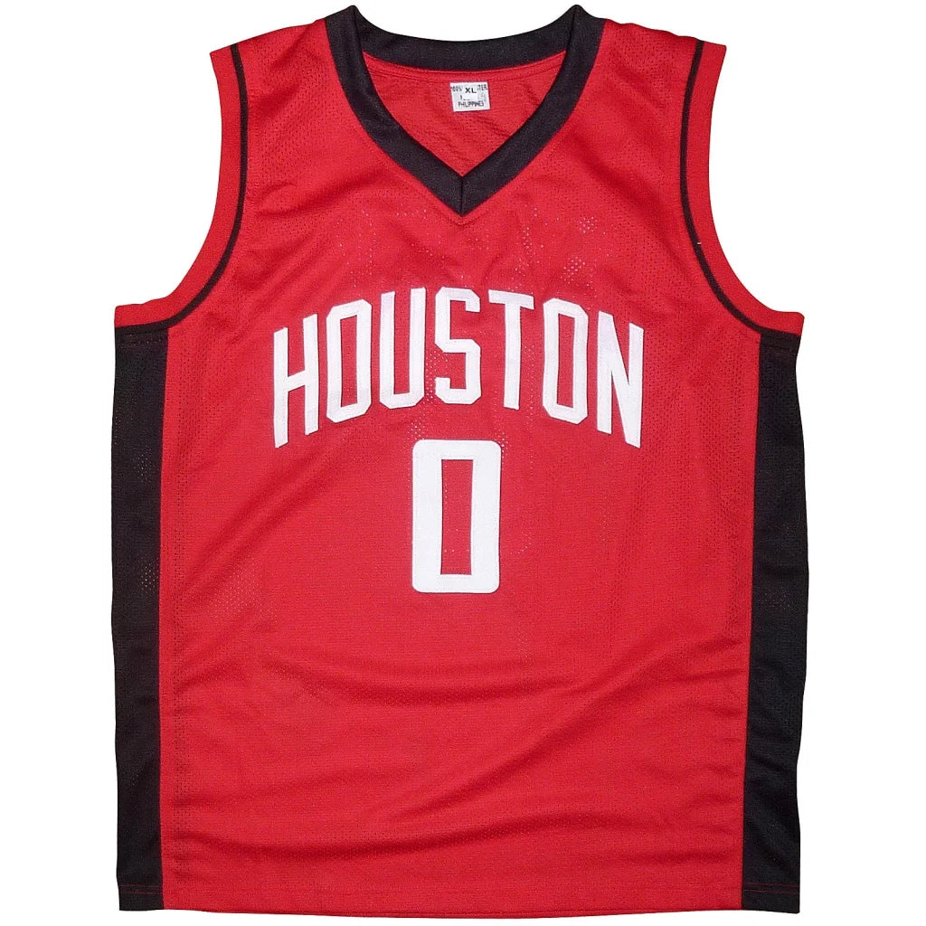 Red and black jalen green autographed custom basketball jersey with white houston lettering and number 0