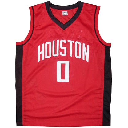 Red and black jalen green autographed custom basketball jersey with white houston lettering and number 0