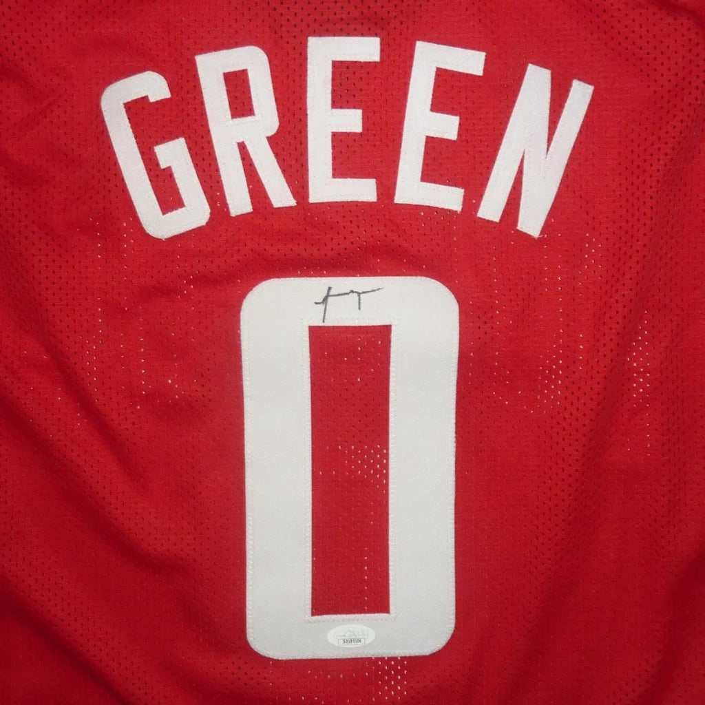 Red mesh custom basketball jersey featuring white green lettering and number 0 with jalen green autographed signature above, autographed houston