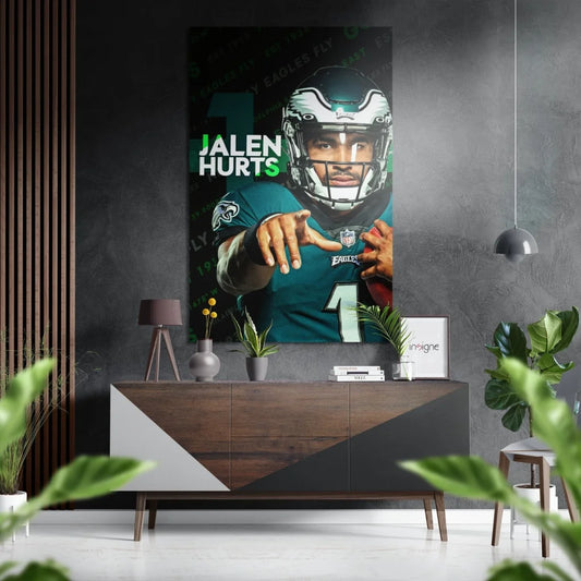 Jalen Hurts in teal Eagles jersey on brushed aluminium dibond print