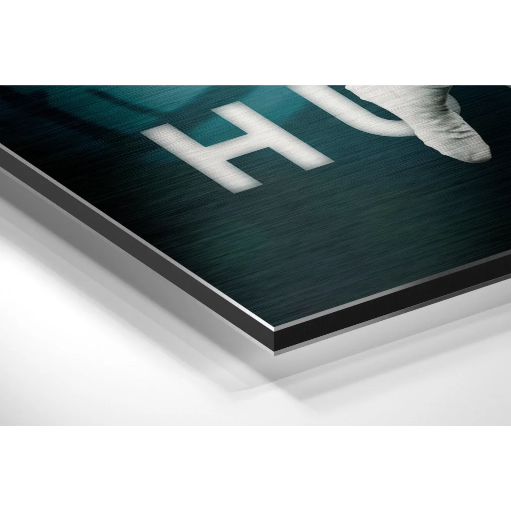 Dark teal brushed aluminium dibond print with white lettering and astronaut boot