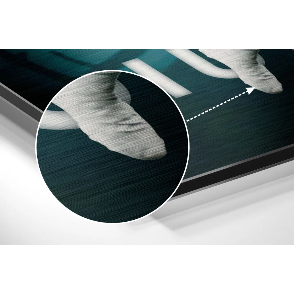 Stunning brushed aluminium dibond sports art print with teal frame