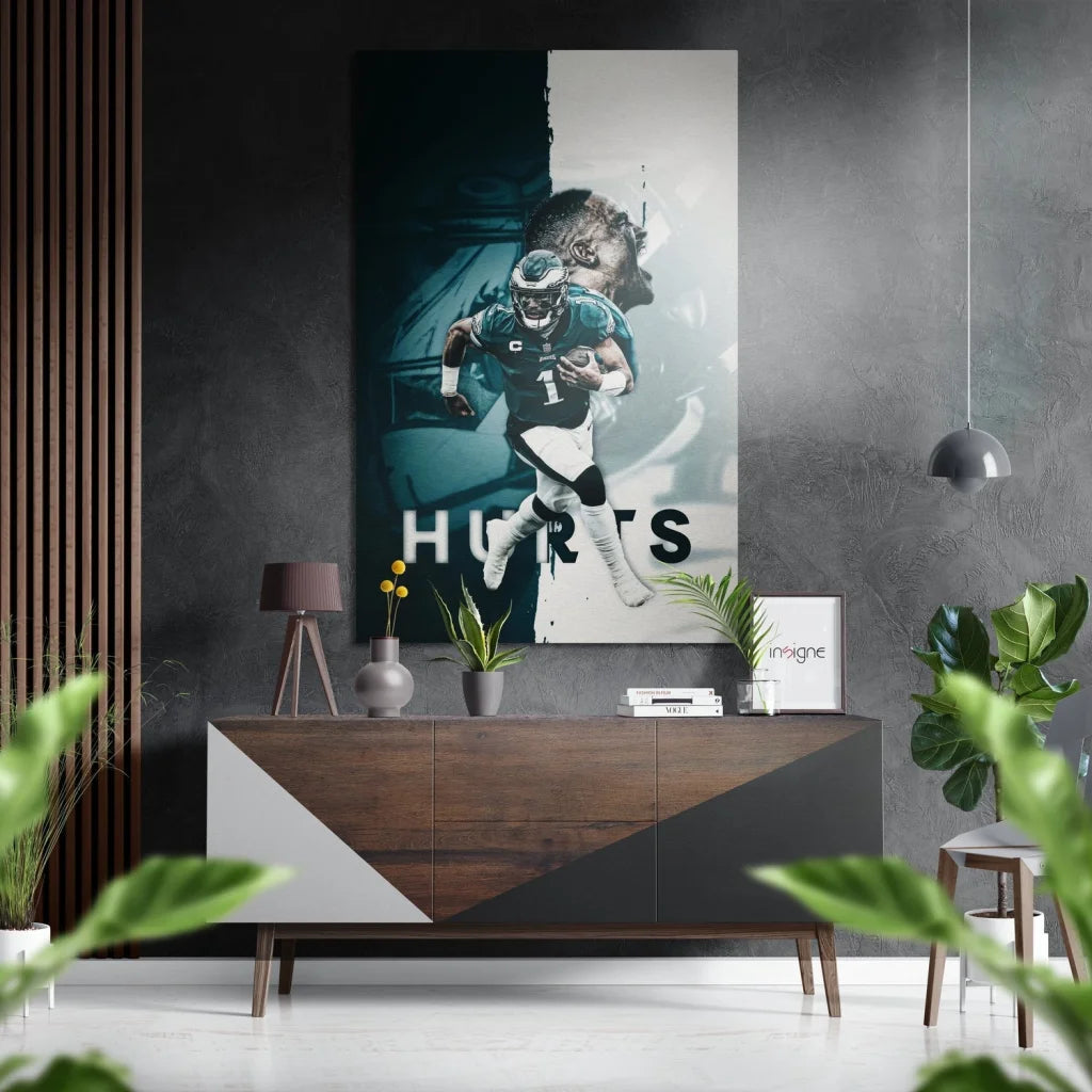 Dynamic teal football player #1 on brushed aluminium dibond print