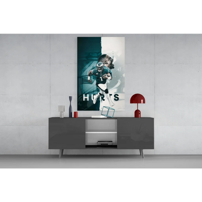 Jalen Hurts Eagles canvas wall art print on gray table
