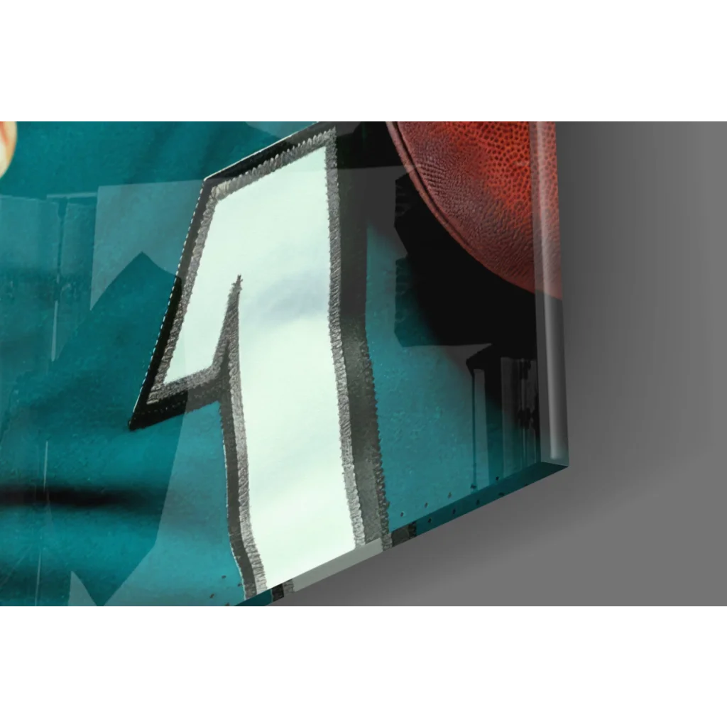 Glossy teal-framed glass wall art of Jalen Hurts Eagles number one jersey print