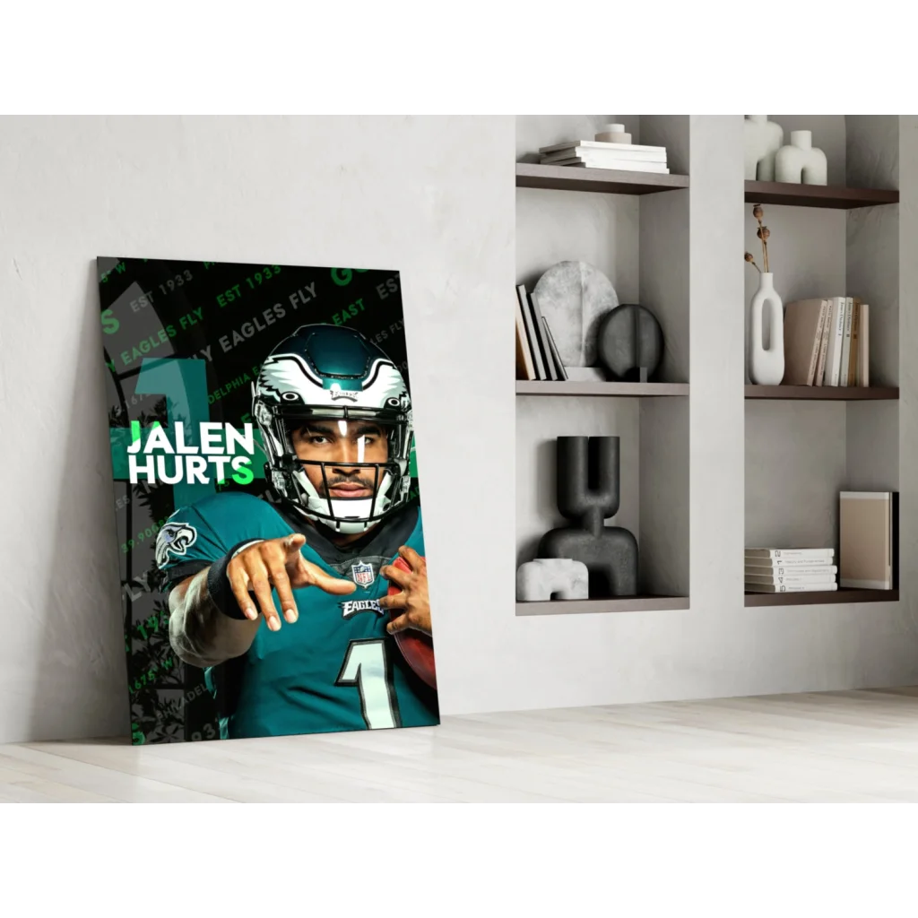 Jalen Hurts Eagles teal white jersey glass wall art print