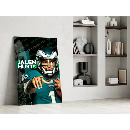 Jalen Hurts Eagles teal white jersey glass wall art print
