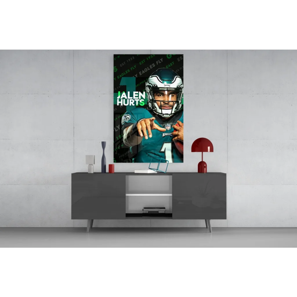 Jalen Hurts Eagles jersey canvas wall art on gray console