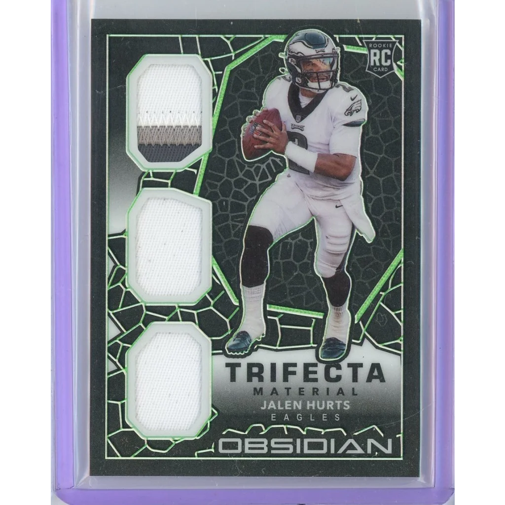 Jalen Hurts Philadelphia Eagles Obsidian Trifecta football card on display