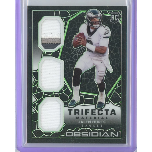 Jalen Hurts Philadelphia Eagles Obsidian Trifecta football card on display