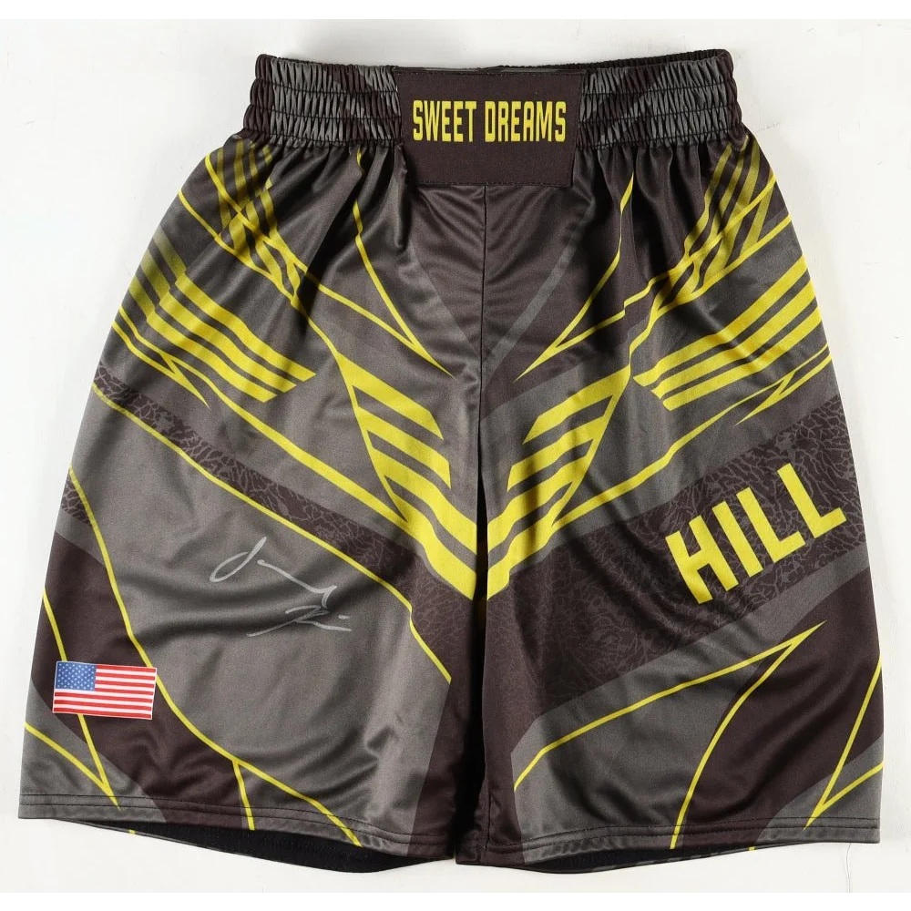 Jamahal Hill signed black and yellow light heavyweight MMA boxing shorts with American flag patch