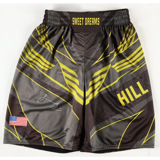Jamahal Hill signed black and yellow light heavyweight MMA boxing shorts with American flag patch