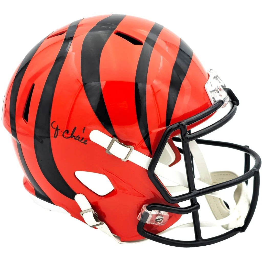 JaMarr Chase autographed Bengals replica helmet with orange black tiger stripes
