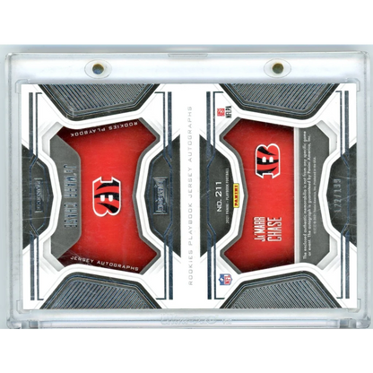 JaMarr Chase rookie jersey autograph trading card with authentication on display