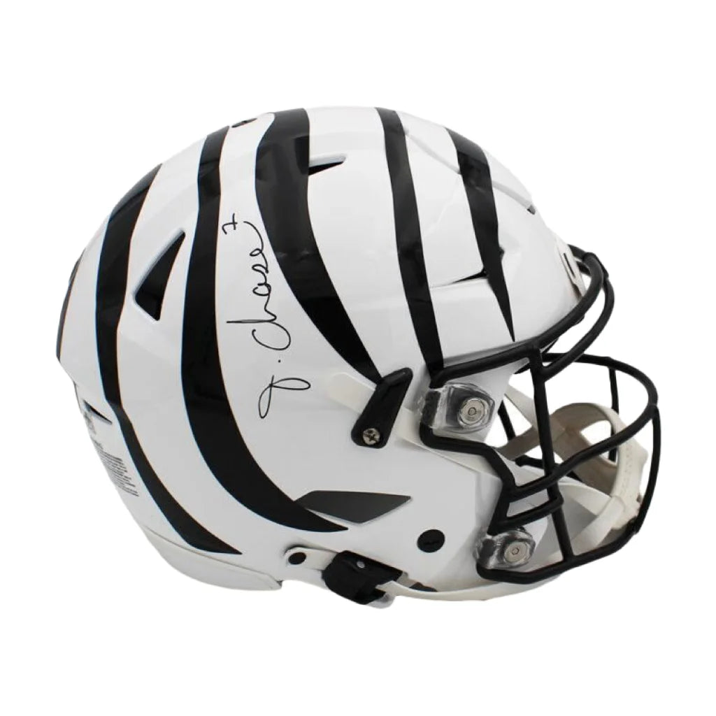Ja’Marr Chase signed black and white tiger stripe Bengals SpeedFlex helmet