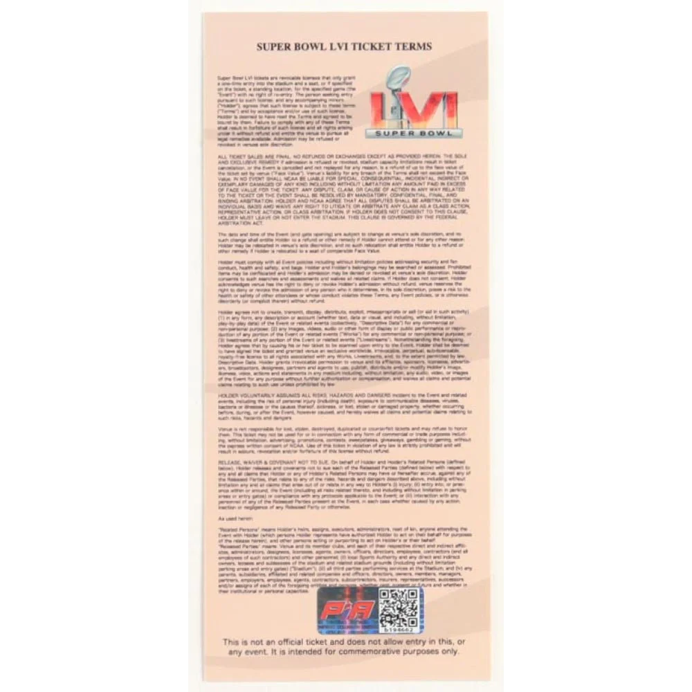 Super Bowl LVI Cincinnati Bengals ticket with terms and conditions and JaMarr Chase signature