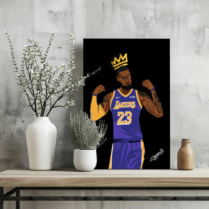LeBron James Lakers crown insigne aluminum print in purple gold jersey style