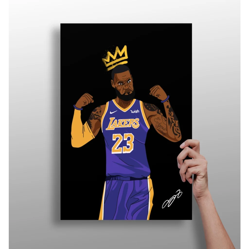 LeBron James in Lakers jersey with crown on insigne aluminum print