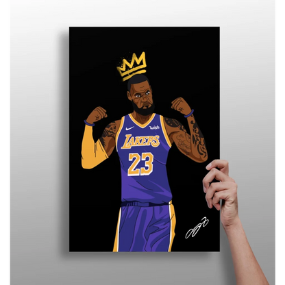 LeBron James in Lakers jersey with crown on insigne aluminum print